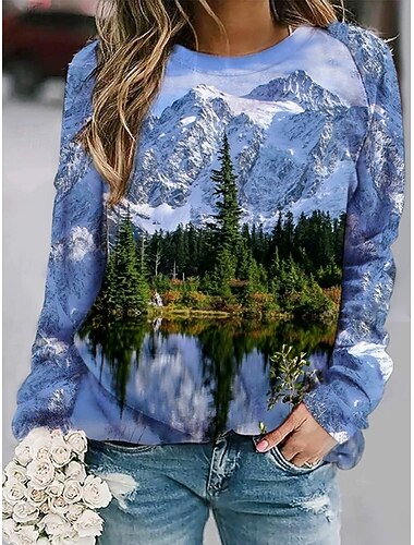  Women's Sweatshirts Graphic Casual Long Sleeve Crew Neck Regular Tops Street Dailywear Casual Print Blue Brown Green Light Blue Spring Fall Winter