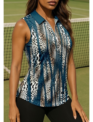  女性用 グラフィック レオパード 縞柄 スポーツシャツ ポロシャツ テニスシャツ ノースリーブ ジッパー 花柄 UPF50+ UV耐性 高弾性 吸汗性 高通気性 テニス ゴルフ ピクルスボール シャツ トップス ブルー テニスウェア