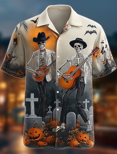  Halloween Ανδρικά Νεκροκεφαλές Κολοκύθα Νεκροταφείο Πουκάμισο Κουβανέζικο πουκάμισο Πουκάμισο με κουμπιά Κοντομάνικο Σκοτεινό Πανκ Γοτθικό Αργίες Streetwear Καλοκαίρι Πουκάμισο Camp Collar 3D εκτύπωση