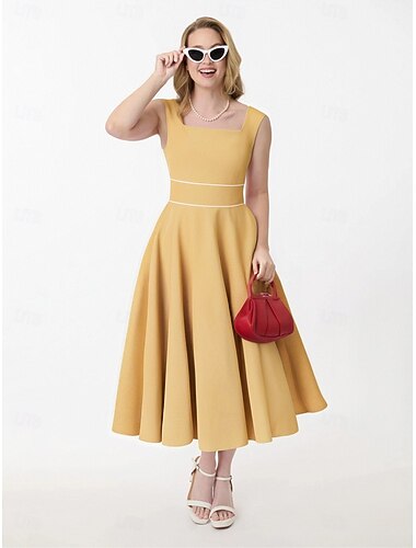  レトロ ヴィンテージ 1950 年代 バケーションドレス カクテルドレス ドレス フレアドレス レディース 大人用 コスチューム ヴィンテージ コスプレ カジュアル デイリー ノースリーブ ミディ A ライン ドレス 仮面舞踏会