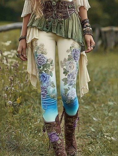  Dame Bukser Leggings Fritid Bohem Full lengde Høy Midje Blomsternål i krystall Elastisk midje Trykt mønster Pusteevne Bekvem Elastisk Feriereise Gate Dagligdagstøy Rosa Lilla Brun Grønn Vår Høst
