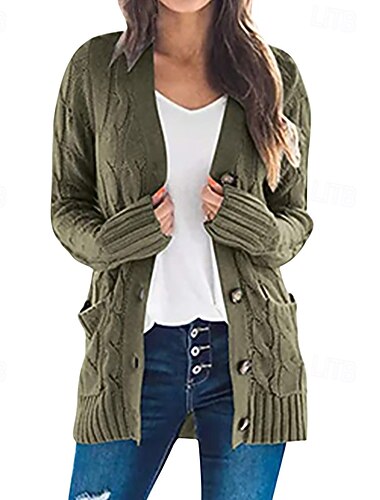  Per donna Cardigan Casual Morbido Tinta unica Treccia Scollo a V Bottoni Lavorato a maglia Manica Lunga Top Regolari Maglia All'aperto Ferie Weekend Rosa Verde militare Autunno