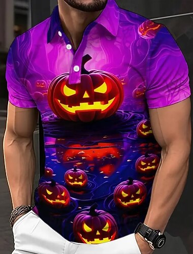  Halloween Ανδρικά Κολοκύθα Πόλο Κοντομάνικο Μπλουζάκια πόλο Πουκάμισα με γιακά Καθημερινό Φρίκης Σκούρο Δρόμος Ένδυση γυμναστικής και άθλησης Φεστιβάλ στολή 3D εκτύπωση Κουμπιά Καλοκαίρι Βυσσινί