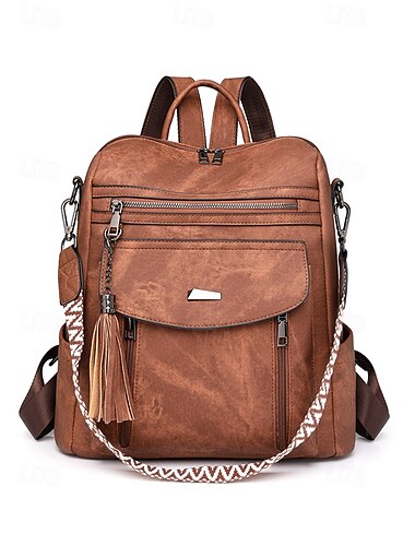 Mochila convertible de piel sintética para mujer: bolso de hombro vintage multibolsillos con borla para desplazamientos diarios informales, viajes y trabajo.