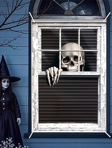  Halloween fönstergardin skelett som kikar genom persienner, läskig dörrtäcke, fönsterskydd, väggtapet för 2025 halloween läskig heminredning