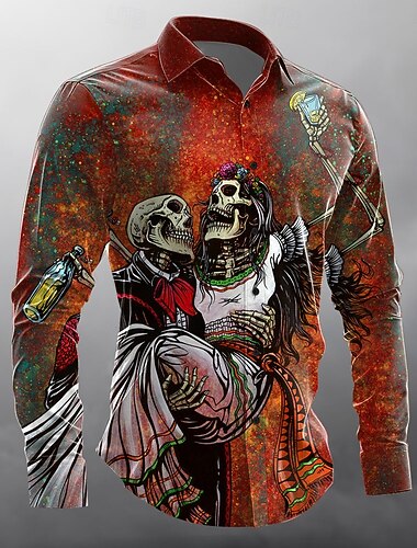  Pánské Taneční Halloweenské kostýmy Den mrtvých Košile Košile na knoflíky Designová košile Dlouhý rukáv Temný gotický styl Dovolená Streetwear Léto Jaro Přehnutý 3D tisk košile s límečkem Žlut