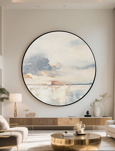  Handmade Circular Oil Painting Abstract Ocean Seascape Soft Clouds Misty Sky Reflection Textured 3D Brushstrokes Blue White Gray Terracotta Modern Wall Art Ready To Hang Include Inner Frame