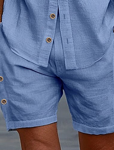  Homens Calção Shorts de linho Shorts de verão Shorts de praia Cintura elástica Com Cordão Botão Lateral Tecido Conforto Respirável Comprimento do joelho Ao ar livre Casual Diário Férias Moda Azul