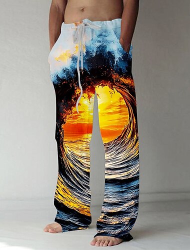  Men's Trousers Baggy Pants Casual Pants Elastic Drawstring Waist Linen-Like Pants with Pockets Optical Illusion Ocean Sunset Full Length Outdoor Vacation Hawaiian Blue Inelastic