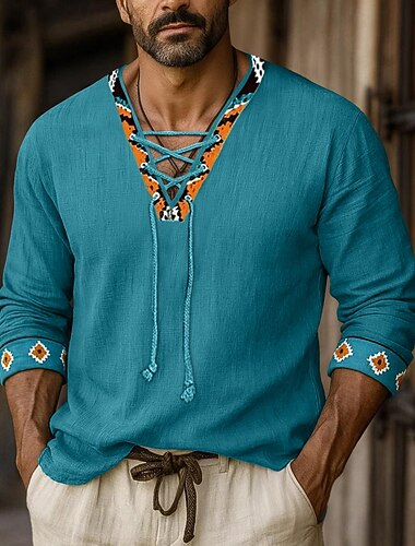  Per uomo Camicia Camicia di lino Stile vichingo Camicia Estiva Camicia da Spiaggia Tinta unica Vacanza Casuale Nero Bianco Verde Manica Lunga Scollo a V Estate Primavera Abbigliamento Coulisse