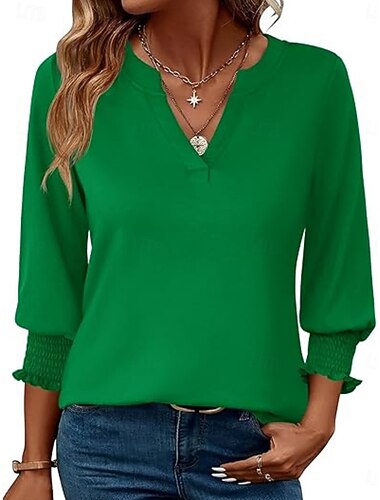  Damen Bluse Einfarbig Stilvoll Lässig Dreiviertelarm V Ausschnitt Normale Oberteile Täglich Druck Schwarz Weiß Grün Sommer Frühling Herbst