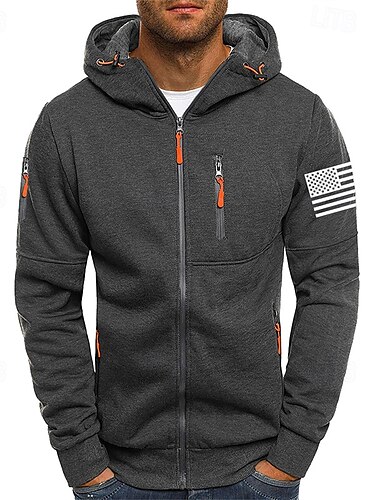  Men's Hoodie Full Zip Hoodie Black White Wine Army Green Navy Blue Hooded National Flag Zip Up Pocket Sports & Outdoor Daily Holiday Polyester Streetwear Basic Casual Spring Fall Clothing Apparel