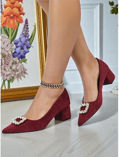  Pantofi sport damă cu toc bloc din piele întoarsă bordo cu cataramă cu strasuri - pantofi eleganți în stil retro pentru doamne, ideali pentru birou, nunți și petreceri