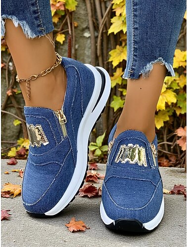  Slip-on denim-sneakers til kvinder med gulddetaljer – lette, afslappede vandresko med lynlås i siden til shopping, bypendling og weekendture