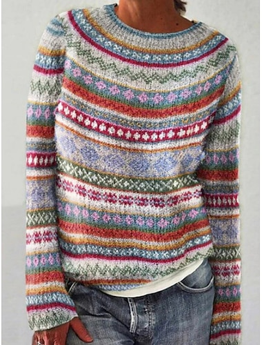  Women's Sweater Casual Soft Geometric Ribbed Crew Neck Knitted Print Long Sleeve Regular Tops Knit Outdoor Daily Weekend Red Blue Fall Winter