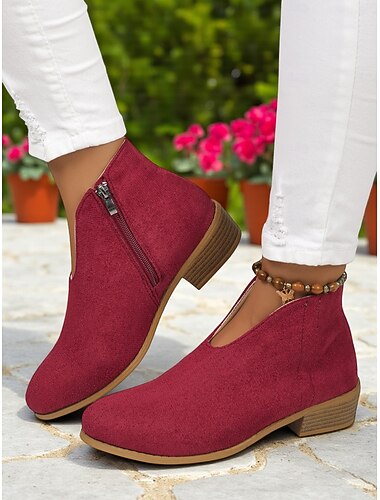  Botas femininas de camurça sintética vermelha com zíper lateral – estilo casual e elegante para festas no jardim, passeios no parque e uso diário