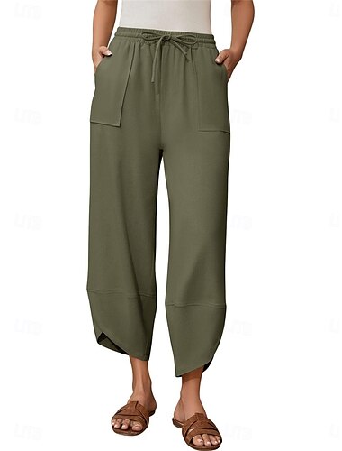  Mujer Pantalones de lino y algodón Chinos Moda Básico Longitud total Alta cintura Plano Bolsillo Correa Comodidad Al Aire Libre Microelástico Vacaciones Calle Diario Ejército verde Negro Azul Piscina