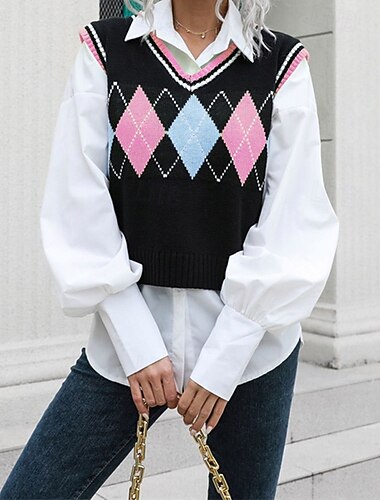  Per donna Gilet Maglione Casual Rombi Spesso Scollo a V Lavorato a maglia Senza Maniche Top Regolari Maglia Quotidiano Ferie Uscire Rosa Verde Autunno Inverno