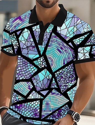  Homens Abstrato Geométrico Pólo Manga Curta Camisas polo Camisas de colarinho Casual Roupa Esportiva Roupa Diária Streetwear Botões Verão Azul Roxo Laranja
