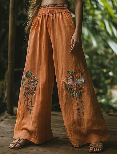  Women's Wide Leg Pants Trousers Palazzo Pants Fashion Boho Full Length High Waist Flower Elastic Waist Print Breathability Comfortable Street Daily Wear Going out Orange Spring Fall Regular Fit