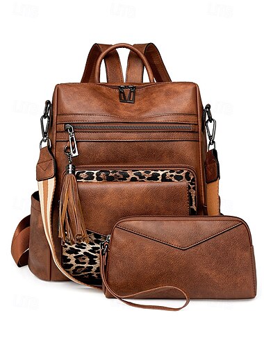  Mochila de piel sintética con estampado de leopardo para mujer, juego de dos, bolso de hombro convertible con borlas para uso diario en la escuela, viajes y compras.