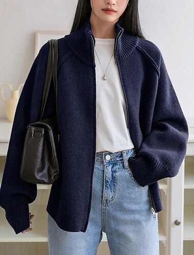  Dam Tröja Kofta Mode Streetwear Dagligen Ensfärgat Ribbad Polokrage Dragkedja Stickat Långärmad Långa toppar Sticka Helgdag Utekväll Helgen Marinblå Grön Höst Vinter
