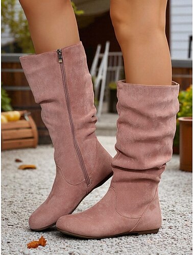  Botas femininas de cano médio, cor-de-rosa, sem salto, com zíper lateral, botas casuais e largas para os dias de outono, casas de campo e atividades ao ar livre