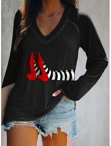  Γυναικείο T-shirt Μάγισσα Μακρύ Μανίκι V Λαιμό Μακρύ Μανίκι Γραφικό Καθημερινά Vintage Στιλάτο Δυτικά Tops Καθημερινά Σαββατοκύριακα Διακοπές Φορέματα Εκτύπωση Μαύρο Λευκό Πράσινο Γκρι Άνοιξη