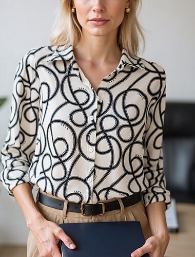  女性用 ブラウス ドレッシーなトップス シフォントップス 幾何学模様 カラーブロック エレガント 日常 スタイリッシュ 長袖 シャツカラー レギュラートップス ワーク 日常 ボタン プリント ブラックとホワイト ブラック ホワイト ベージュ 春、夏、秋、冬