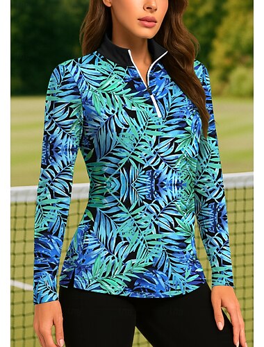  Damen Pflanzen Tropisch Blumenmuster Oberteile Golf-Poloshirt Tennis Shirt Langarm Druck Viertel Postleitzahl Pullover UPF50+ UV Schutz Elastisch Atmungsaktiv Tennis Golfspiel Pickleball Stehkragen