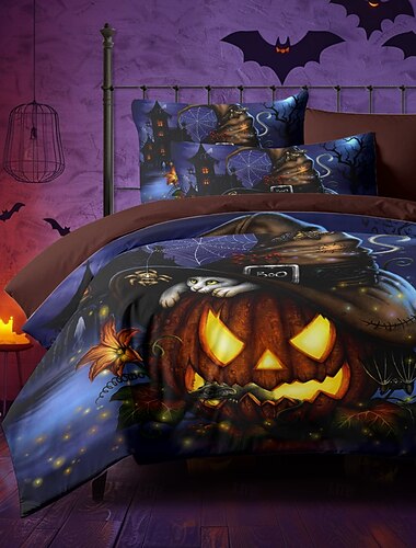  Capa de edredom de Halloween, uma versão noturna assustadora da Sarah Richter, conjunto de cama com 3 peças e fecho de zíper, macio e leve, decoração de quarto para festas