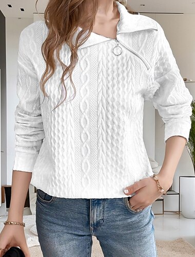  女性用 Pullover 平織り ストリートファッション カジュアル 快適 長袖 Ｖネック レギュラートップス ストリート 祝日 お出かけ ハーフジップ ブラック ホワイト グレー 秋