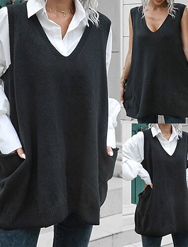  Per donna Maglione Casual Tinta unica Spesso Scollo a V Lavorato a maglia Senza Maniche Top Regolari Maglia Quotidiano Ferie Uscire Nero Autunno Inverno