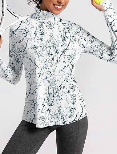 Damen Abstrakte Kunst Golf-Poloshirt Tennis Shirt Langarm Druck Viertel Postleitzahl Pullover UV Schutz Elastisch Atmungsaktiv Tennis Golfspiel Pickleball Reißverschlusskragen Hemd Polo Weiß Purpur