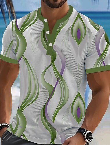  Homens Geométrica Abstrato Camiseta Camisa Henley Manga Curta Designer Retro Vintage Casual Rua Casual Diário Verão Primavera Preto Verde Henley Camiseta Henley