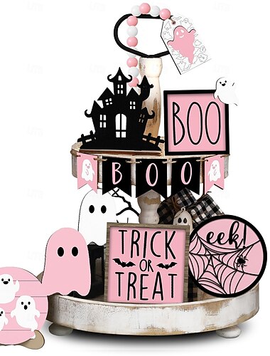  Set di 15 vassoi decorativi a più livelli rosa di Halloween, graziosi cartelli in legno a forma di fantasma e decorazioni in stile fattoria per la casa, la tavola e le feste.