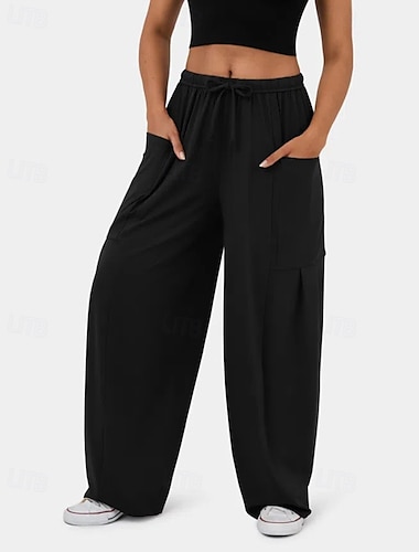  Per donna Gamba larga Pantaloni Eleganti Streetwear Casual Lunghezza intera Naturale Semplice Tasca Design con Coulisse Elastica Comodo Streetwear Ferie Rosso violaceo Nero Verde militare Marrone