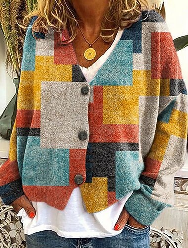  Dam Tröja Kofta Mode Streetwear Dagligen Rutig Färgblock Ribbad V-hals Stickat Mönster Långärmad Vanliga toppar Sticka Helgdag Utekväll Helgen Gul Höst Vinter