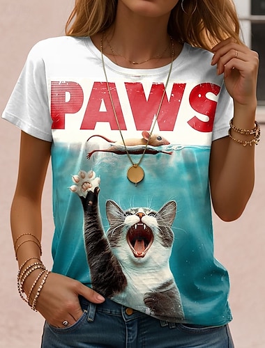  Dames T-shirt Grafisch Kat Brief Vintage Stijlvol Klassiek Korte mouw Strakke ronde hals Normale tops Dagelijks Weekend Afdrukken blauw Paars Groen Khaki Zomer Lente