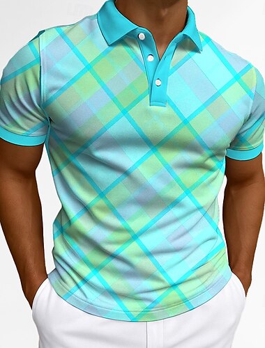  Men's Polo Business Casual Turndown Short Sleeve Fashion Leisure Geometric Plaid Buttons Summer Blue Orange Polo