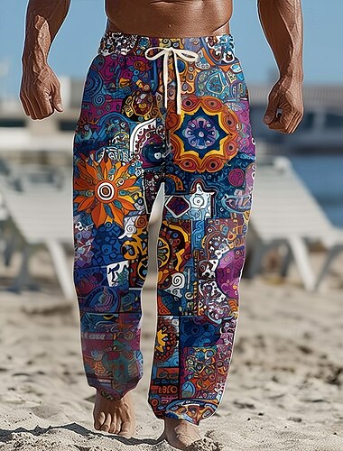  Per uomo Geometrico Blocco di colori Etnico Pantaloni Pantaloni Larghi Pantaloni casual Misura del girovita medio Vintage Retrò All'aperto Vacanza Coulisse elastica in vita Pantaloni tipo lino con
