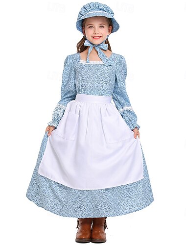  1800-tallet Det gamle vesten Prærie kjole Sett med panser og forkle Pioner Blomstret Kostyme Jente Halloween Karneval Verdens bokdag Kle deg ut på skolearrangementet Historisk gjenskaping Kjole