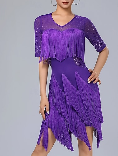  Latindans Kjole Dusk Ren Farge Tvinning Dame Ytelse Trening Halvlange ermer Høy Polyester