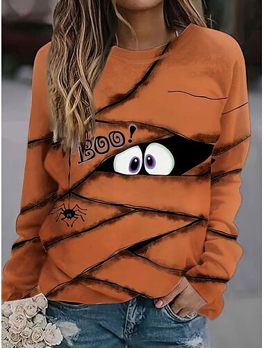  Damen Sweatshirts Grafik Monster Lässig Langarm Rundhalsausschnitt Normale Oberteile Straße Alltagskleidung Lässig Druck Purpur Orange Frühling Herbst Winter