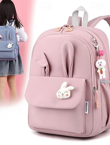  Mochila escolar com orelhas de coelho e chaveiro de pelúcia fofo para meninas – mochila leve e à prova d'água para alunos do ensino fundamental e médio