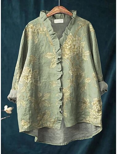  Per donna Camicia Boho Floreale Grafico Bohemien Vintage Elegante Manica Lunga Top Regolari Quotidiano Ferie Volant Verde salvia Rosa Rosa polverosa Viola Fucsia Estate Primavera Autunno