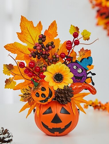  Halloween őszi asztaldísz műtök dekorációval, juharlevelekkel, fenyőtobozokkal és őszi parti dekorációval, hátborzongató halloweeni asztaldísz aratófesztiválra és őszi otthoni dekorációra