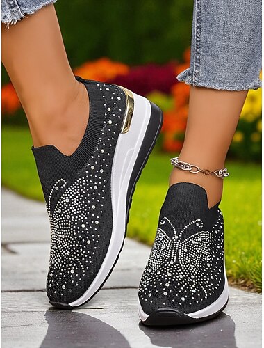  Zapatillas Flyknit sin cordones con pedrería para mujer: zapatos de cuña brillantes para festivales, viajes y moda diaria.