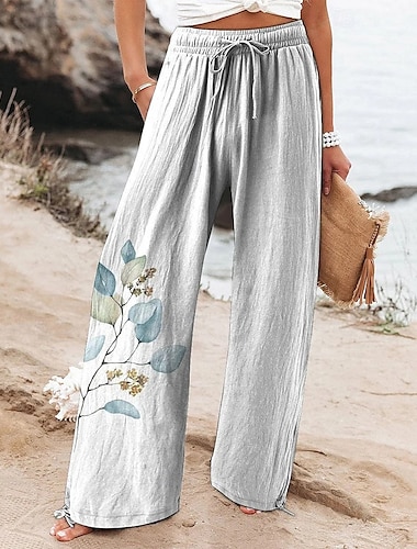  Dames Breed Been Broeken Palazzo-broek Modieus Streetwear Volledige lengte Hoge taille Bloem Elastische taille Trekkoord Afdrukken Ademend Comfortabel Straat Alledaagse kleding Uitgaan Wit Groen