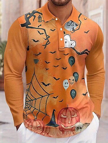  Halloween Pánské Dýně Duch Pólo Dlouhý rukáv Polo tričko Klopa Na běžné nošení Tmavá Venkovní Oblečení na atletiku Festivalový outfit 3D tisk Knoflíky Jaro Podzim Zima Oranžová